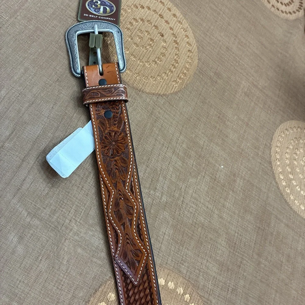 3D Belt Co. Men's Leather Belt Western Buckle Handtool Weave Pattern Sz. 46 NWT